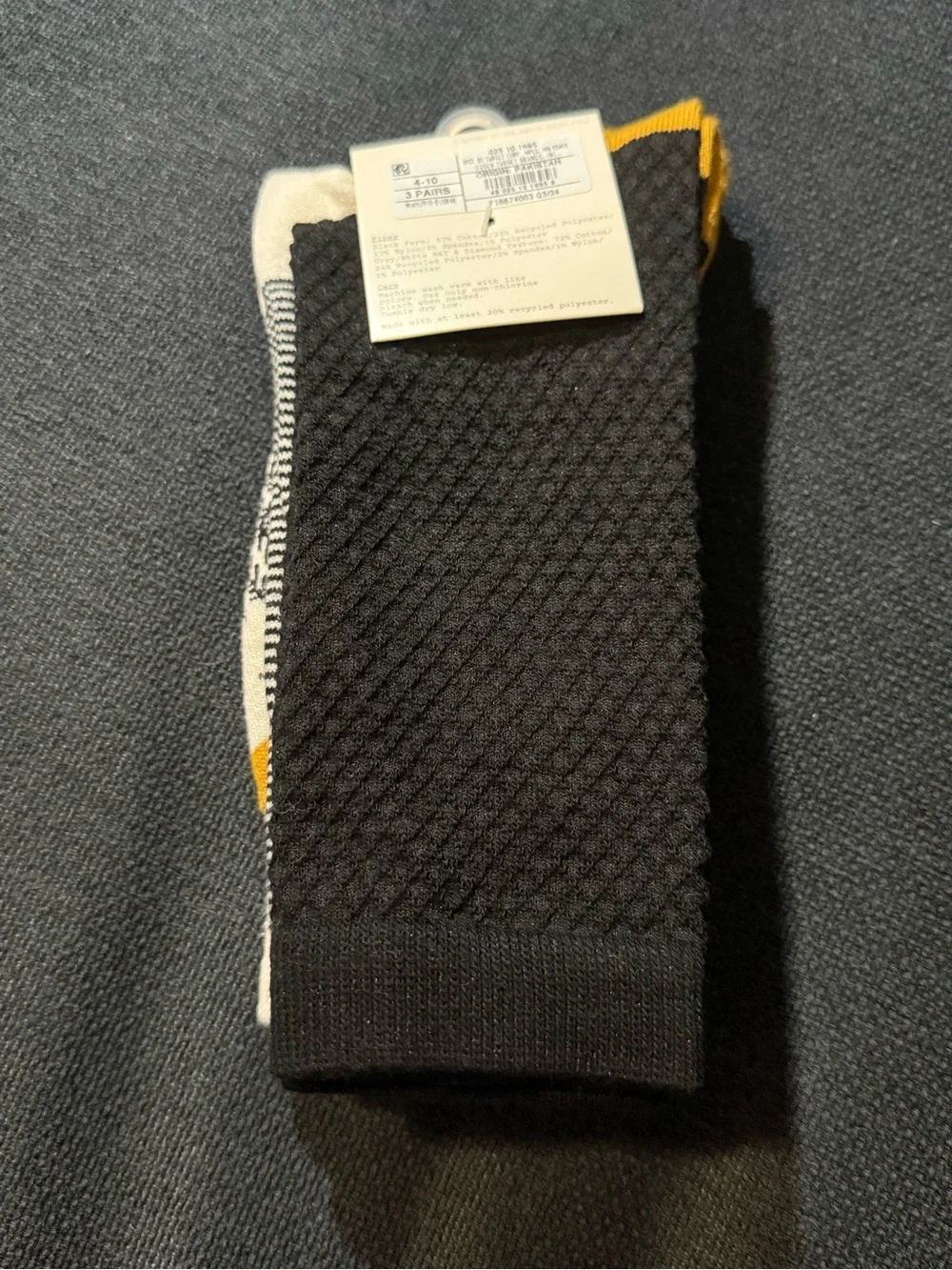 Muji Cream Crew Socks with Black Fern Motif and Mustard Accents